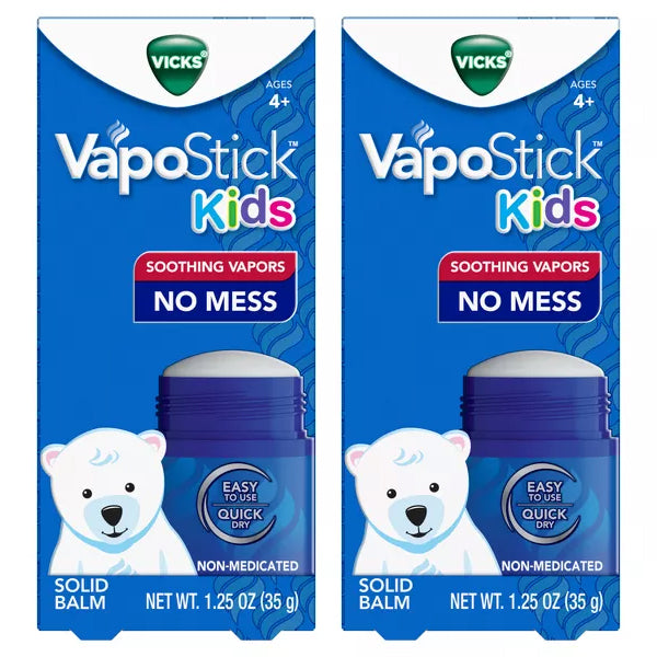 Two boxes of Vicks VapoStick Kids Soothing Vapors Balm 1.25oz, a non-medicated balm with “Soothing Vapors,” “No Mess,” blue packaging, and a polar bear illustration. Brand: Vicks.